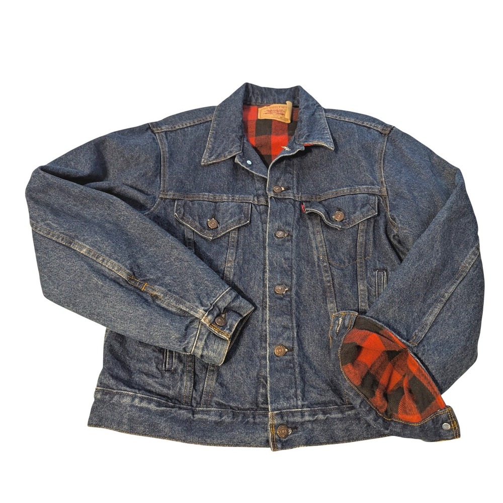 Vintage Levis 70411 0816 Blue Denim Trucker Jacket Plaid Flannel Lined USA Sz 42
